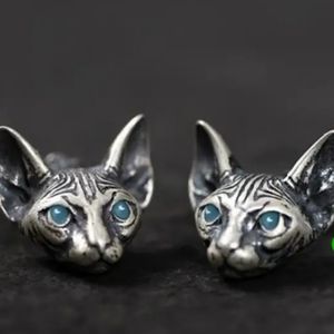 New Silver Hairless Shinx Cat Stud Earrings